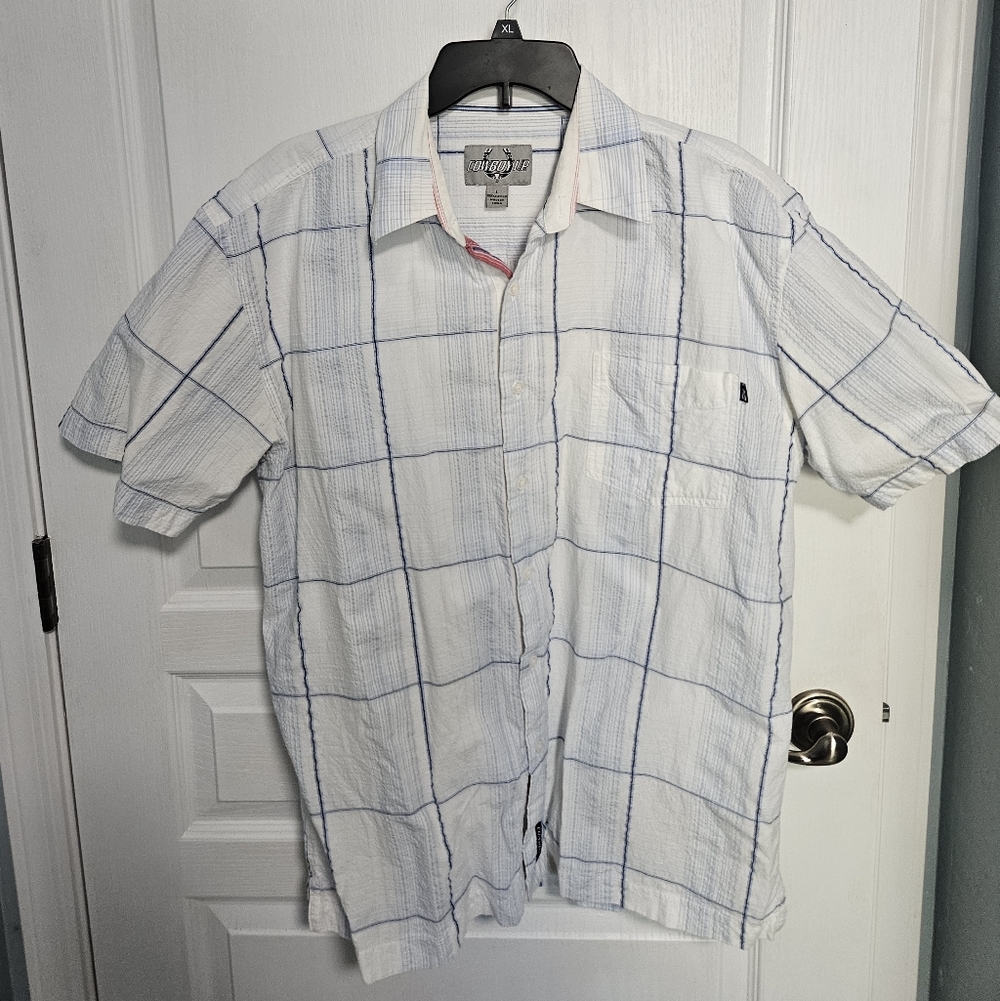 Cowboy UP Seersucker BD Shirt Blue White Plaid Cotton Mens Large Vacation Resort